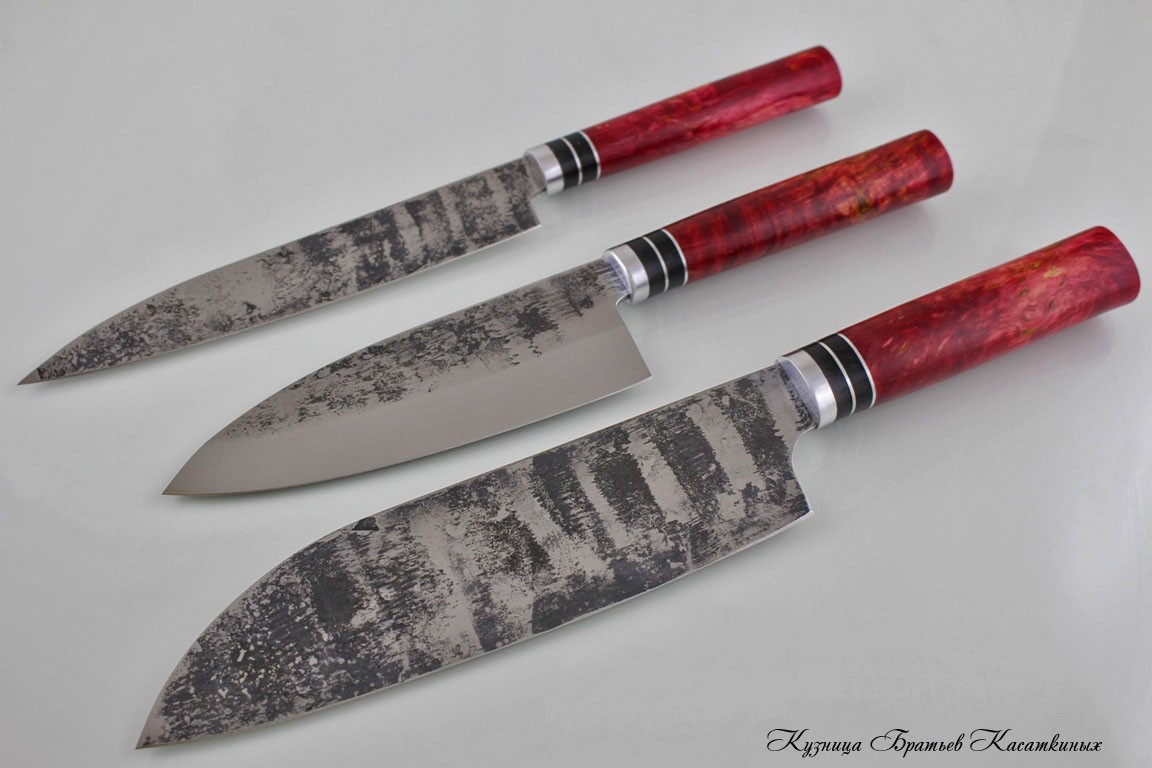 Набор из 3-х ножей серии "Samurai" кованая сталь 95х18. Рукоять карельская береза (красная).