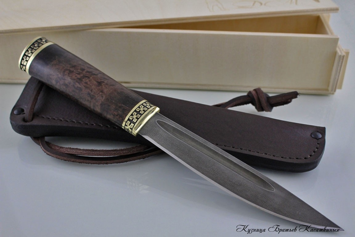 Yakutian knife (medium size). HV-5 Steel. Stabilized Karelian Birch handle, brass